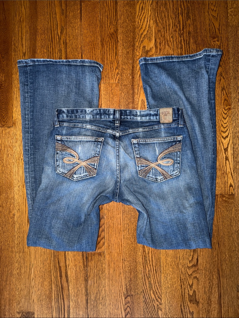 2000s Vintage Y2K BKE Faded Blue Low-Rise Embroidered Boot Cut Jeans